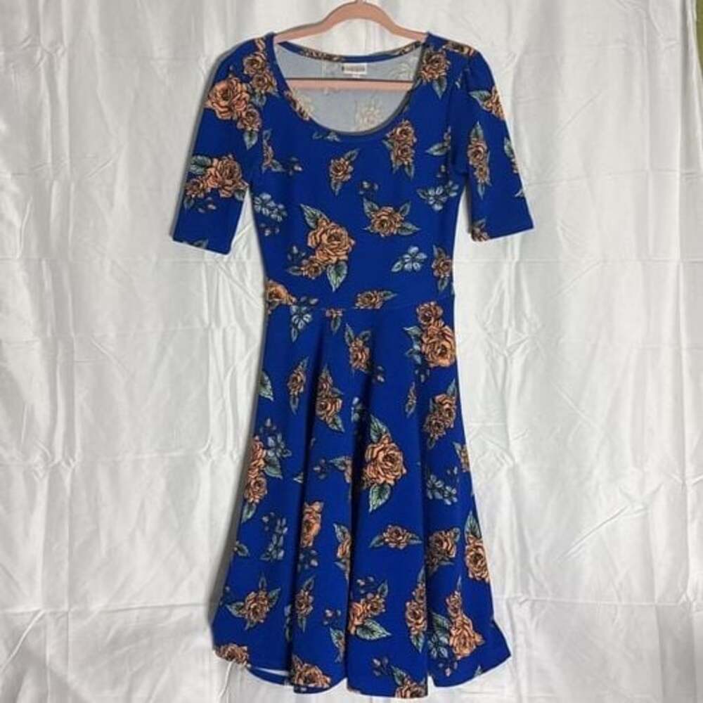 LuLaRoe Nicole Blue Floral Print Short Sleeve Fit & Flare Dress